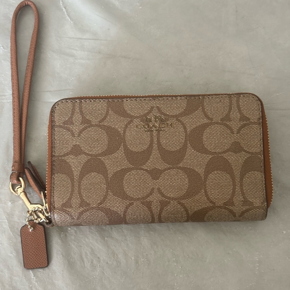 Coach Tan and Brown Signature Wristlet Wallet